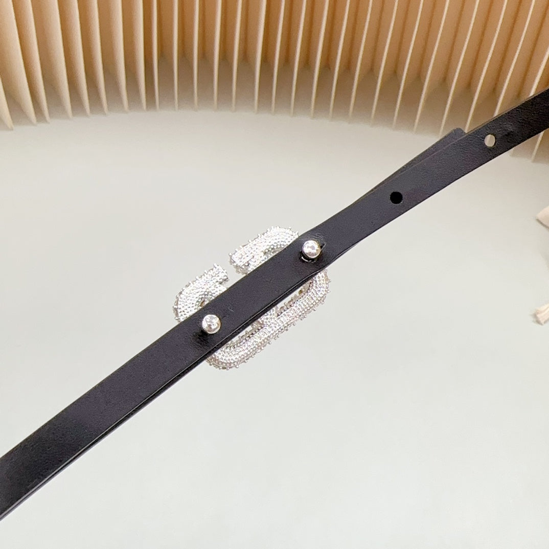 VALENTINO VL Belt 8mm Buckle Silver Diamond Leather White Black