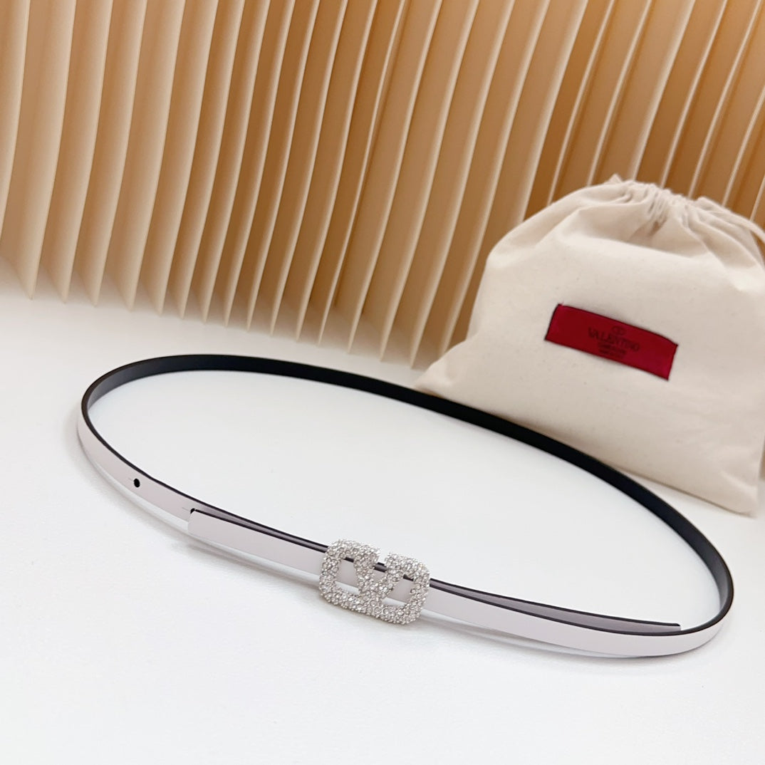 VALENTINO VL Belt 8mm Buckle Silver Diamond Leather White Black