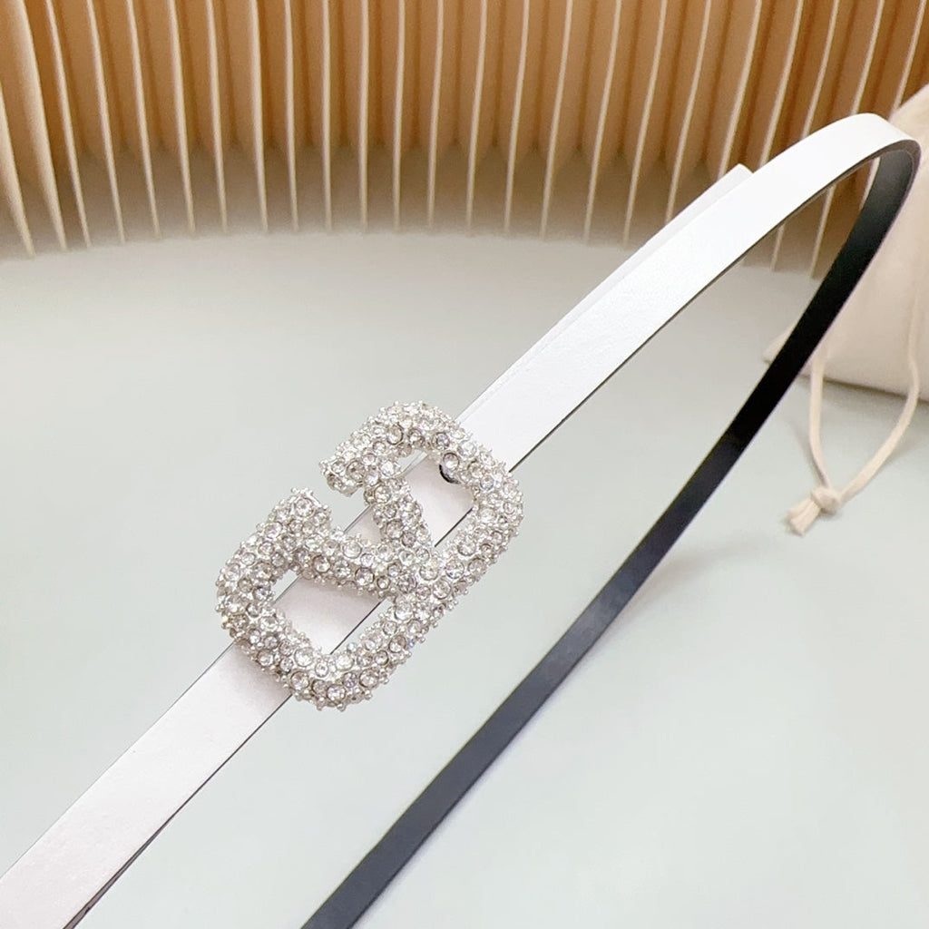 VALENTINO VL Belt 8mm Buckle Silver Diamond Leather White Black
