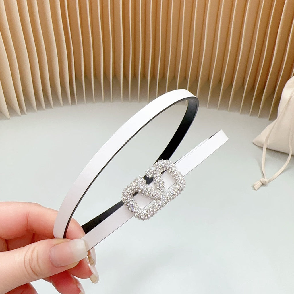 VALENTINO VL Belt 8mm Buckle Silver Diamond Leather White Black