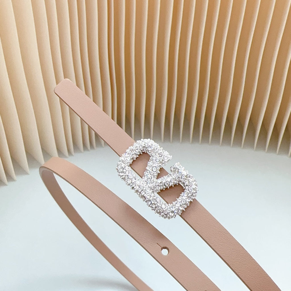 VALENTINO VL Belt 8mm Buckle Silver Diamond Leather Beige