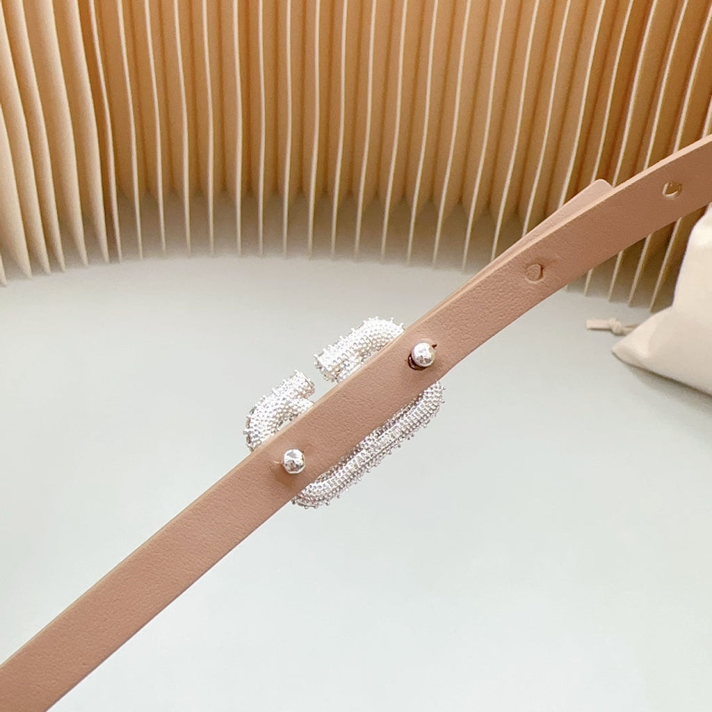 VALENTINO VL Belt 8mm Buckle Silver Diamond Leather Beige