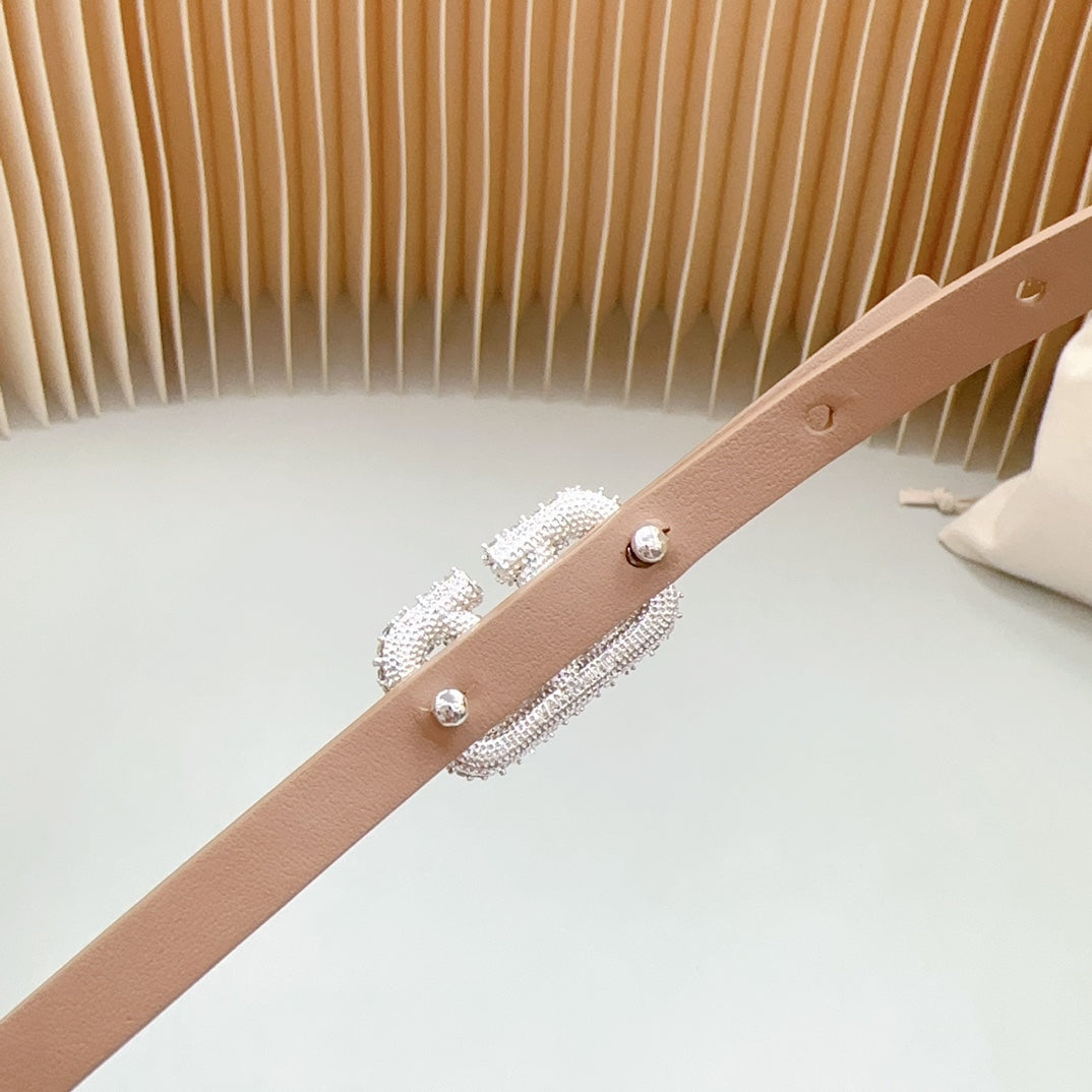 VALENTINO VL Belt 8mm Buckle Silver Diamond Leather Beige