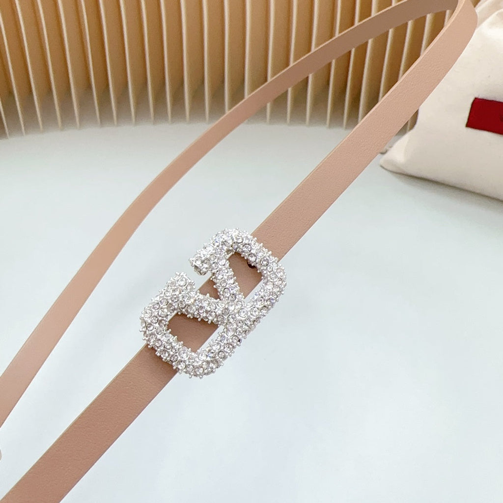 VALENTINO VL Belt 8mm Buckle Silver Diamond Leather Beige