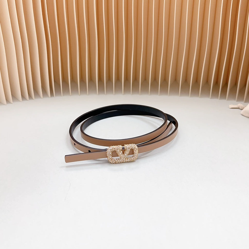 VALENTINO VL Belt 8mm Buckle Gold Diamond Leather Beige Black