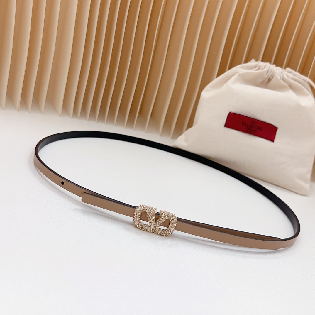 VALENTINO VL Belt 8mm Buckle Gold Diamond Leather Beige Black