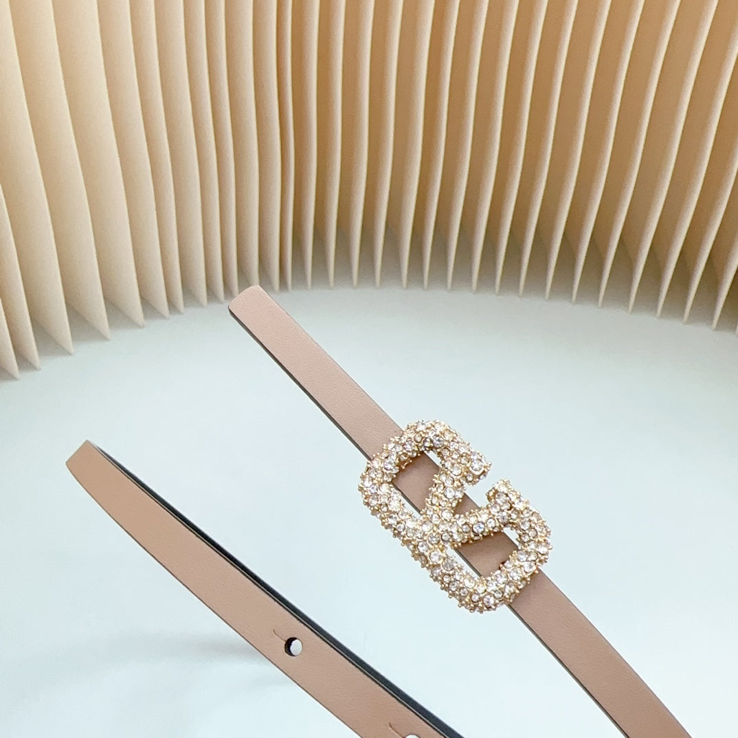 VALENTINO VL Belt 8mm Buckle Gold Diamond Leather Beige Black