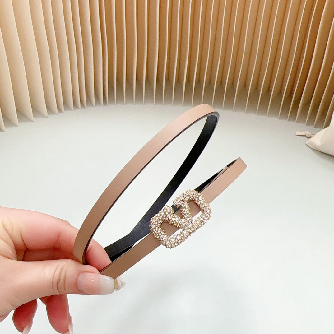 VALENTINO VL Belt 8mm Buckle Gold Diamond Leather Beige Black
