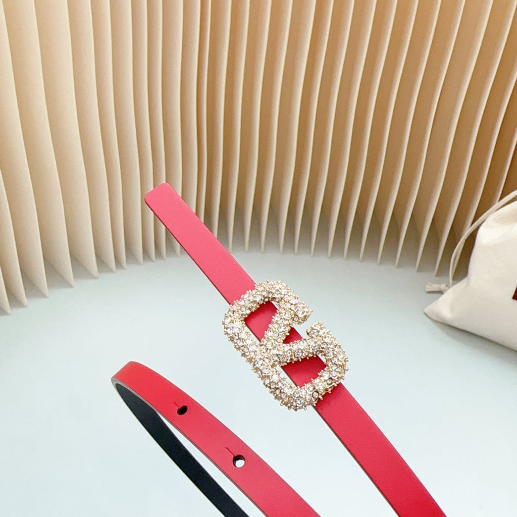 VALENTINO VL Belt 8mm Buckle Gold Diamond Leather Red Black