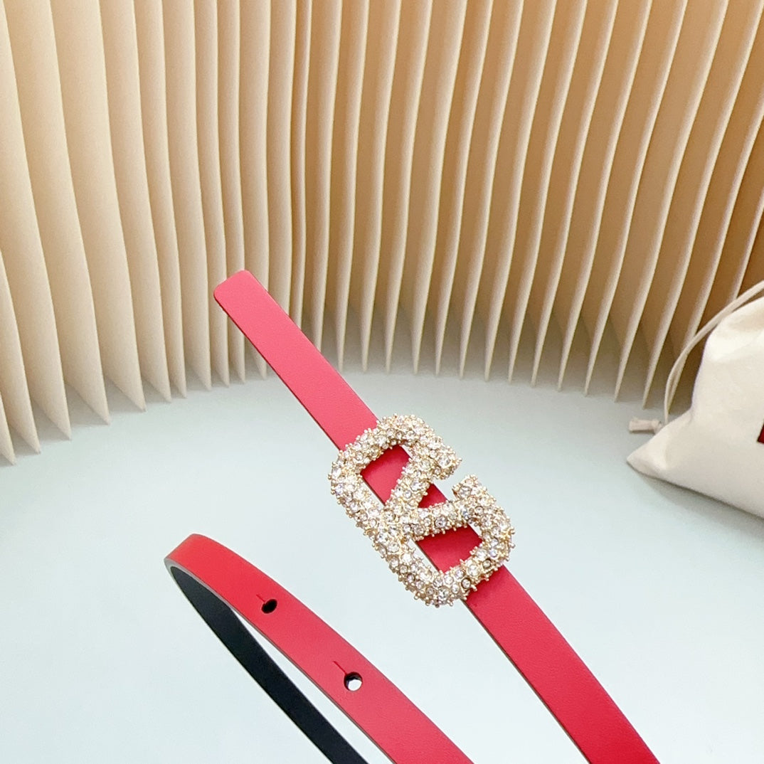 VALENTINO VL Belt 8mm Buckle Gold Diamond Leather Red Black