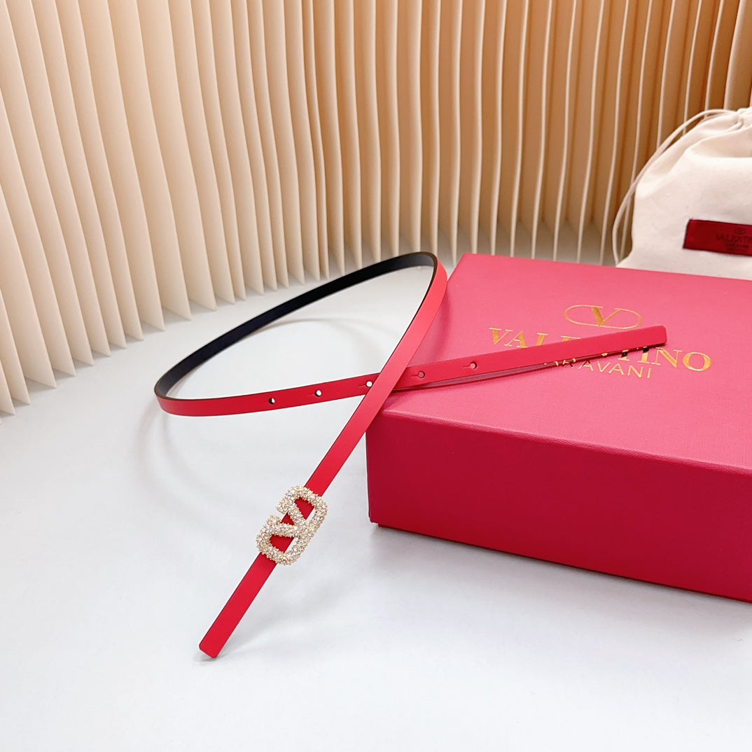 VALENTINO VL Belt 8mm Buckle Gold Diamond Leather Red Black