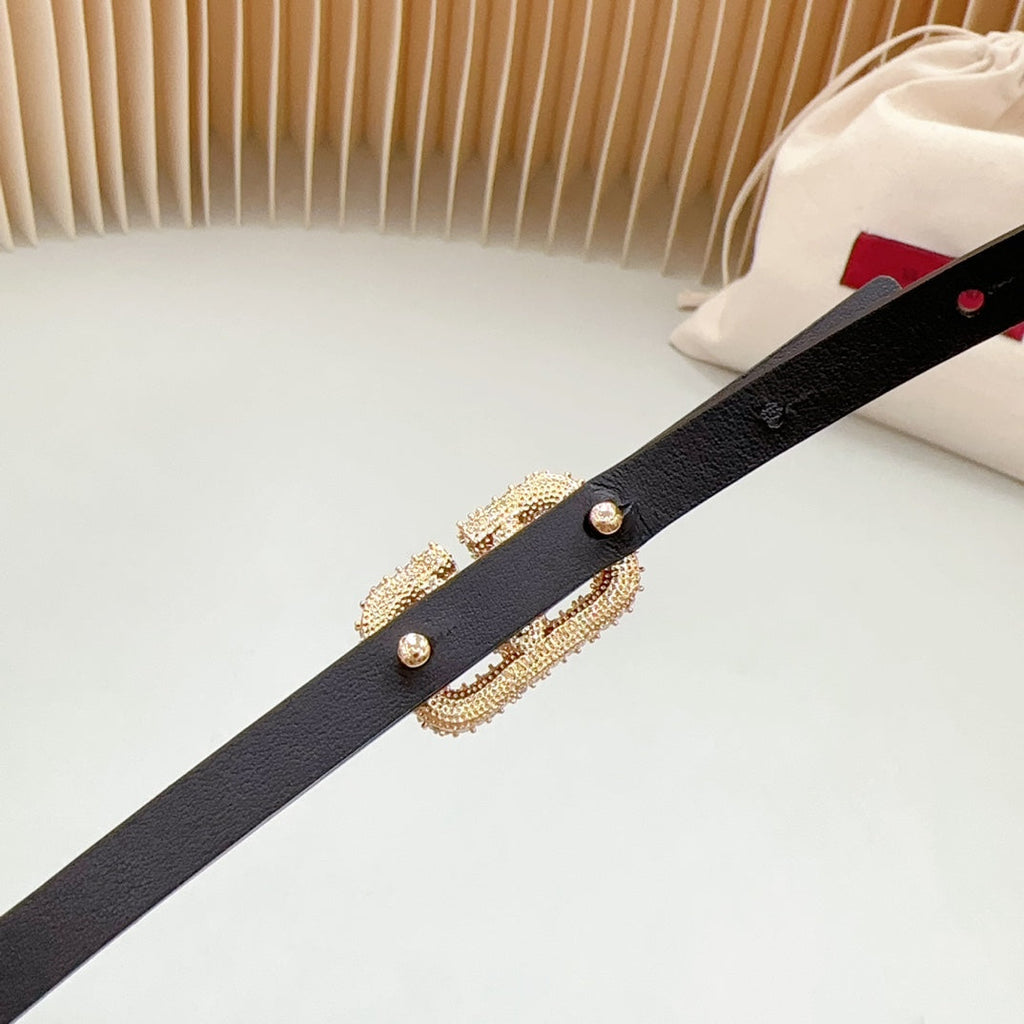 VALENTINO VL Belt 8mm Buckle Gold Diamond Leather Red Black