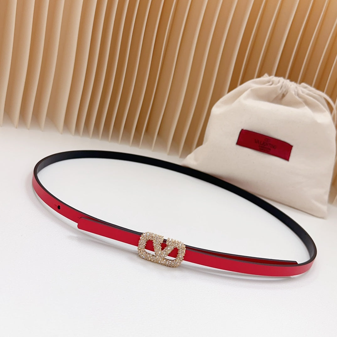 VALENTINO VL Belt 8mm Buckle Gold Diamond Leather Red Black