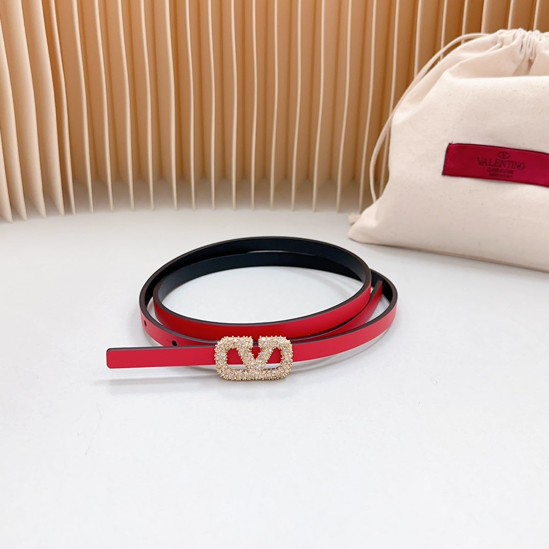 VALENTINO VL Belt 8mm Buckle Gold Diamond Leather Red Black
