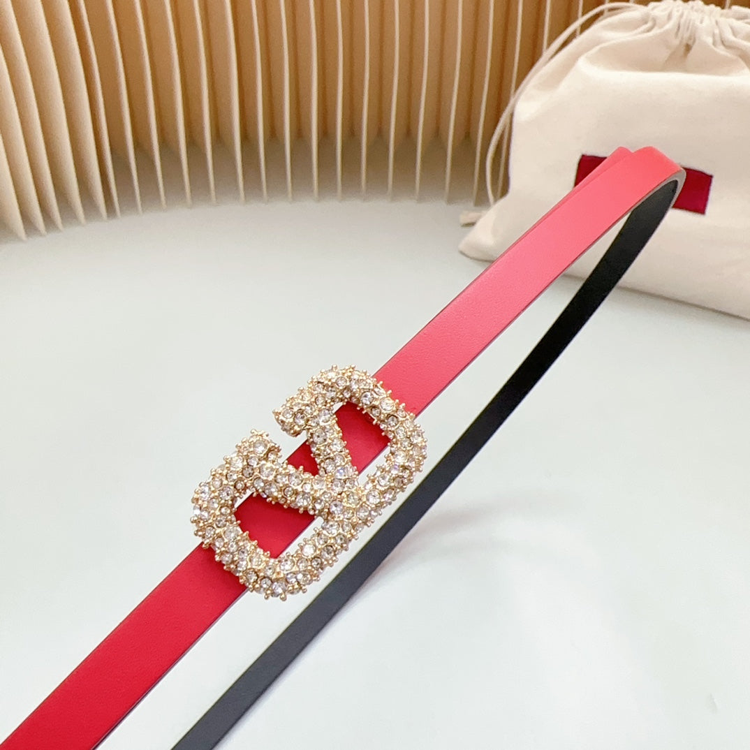 VALENTINO VL Belt 8mm Buckle Gold Diamond Leather Red Black