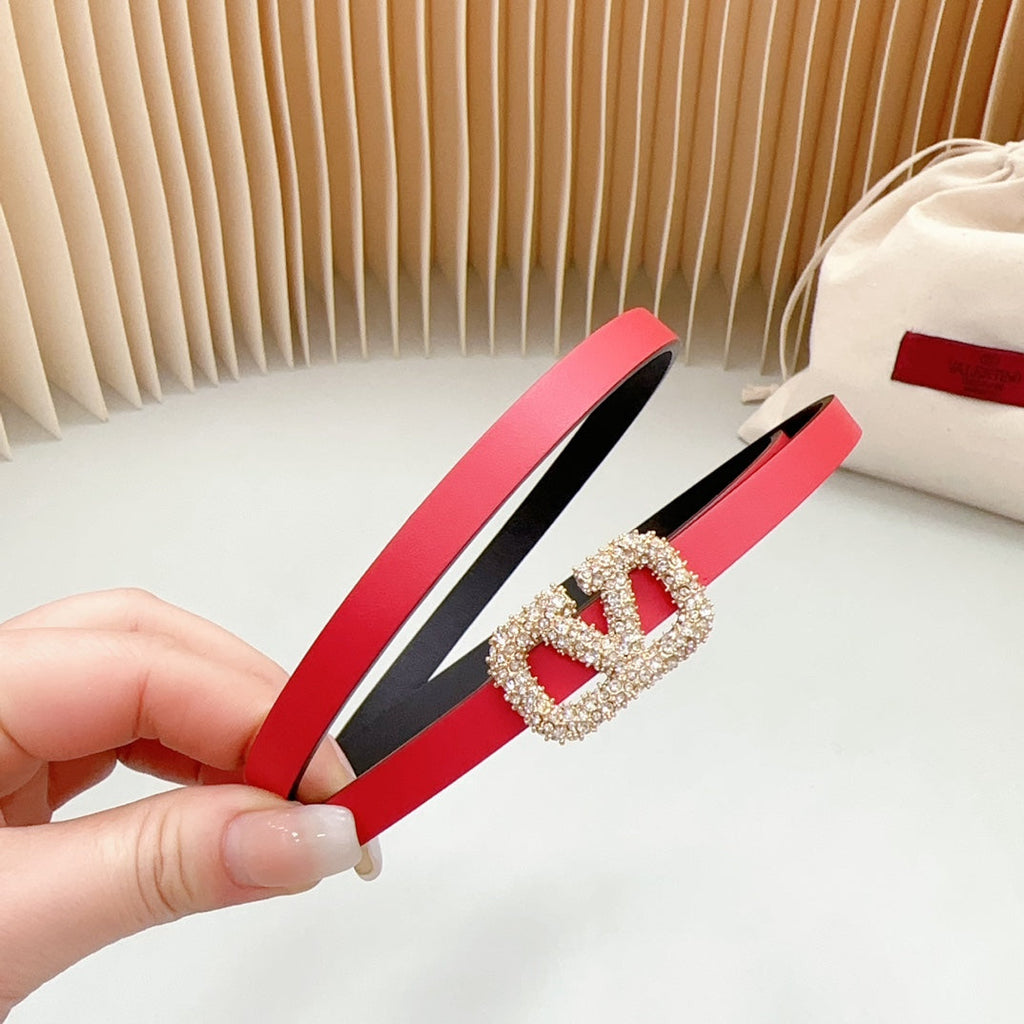 VALENTINO VL Belt 8mm Buckle Gold Diamond Leather Red Black