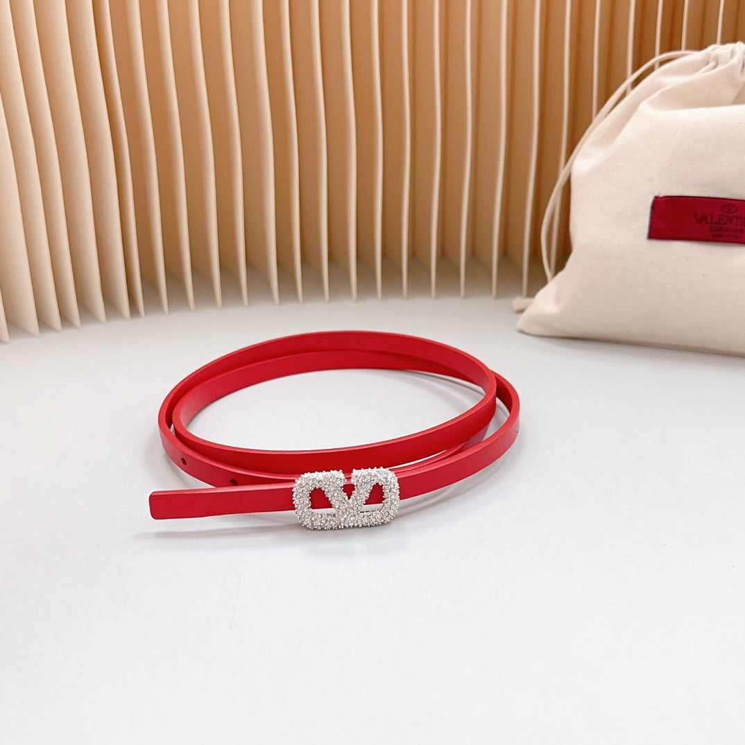 VALENTINO VL Belt 8mm Buckle Silver Diamond Leather Red