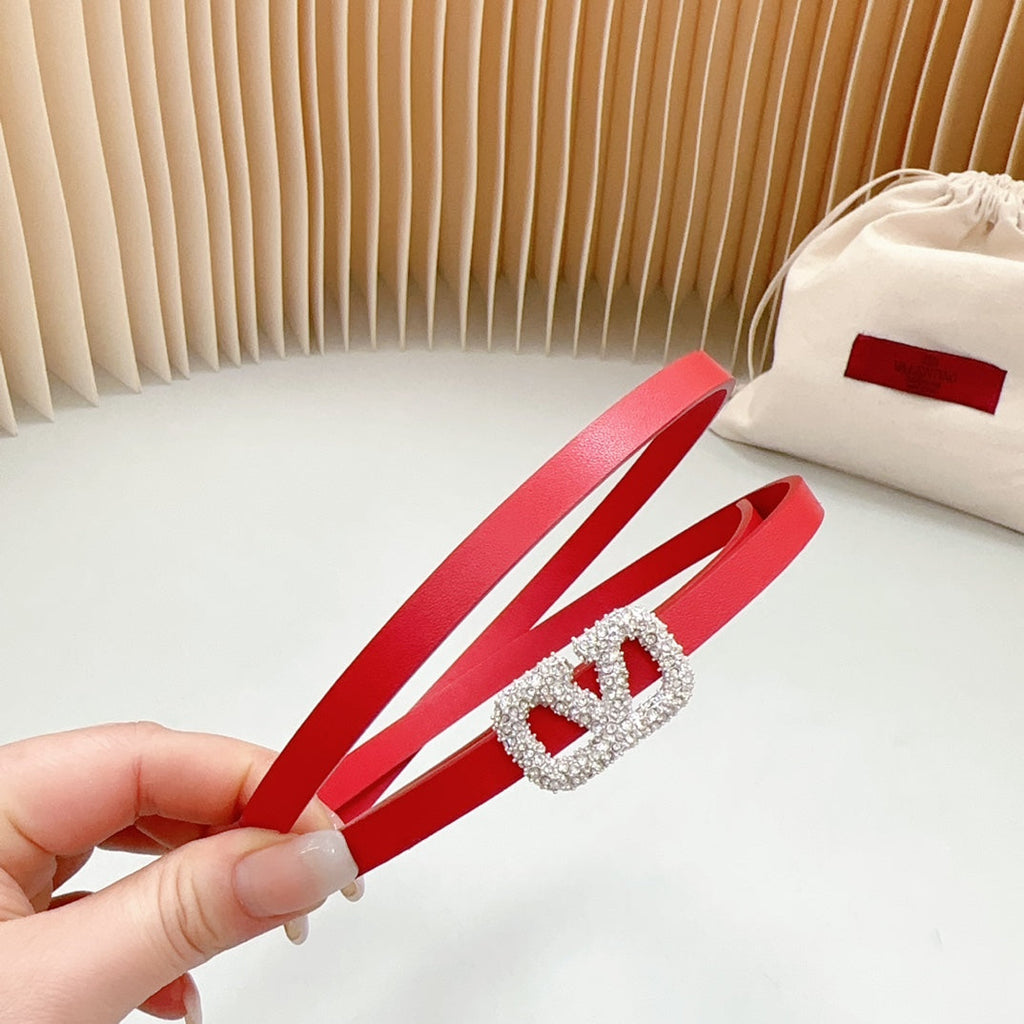 VALENTINO VL Belt 8mm Buckle Silver Diamond Leather Red