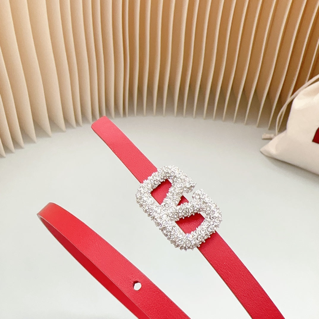 VALENTINO VL Belt 8mm Buckle Silver Diamond Leather Red