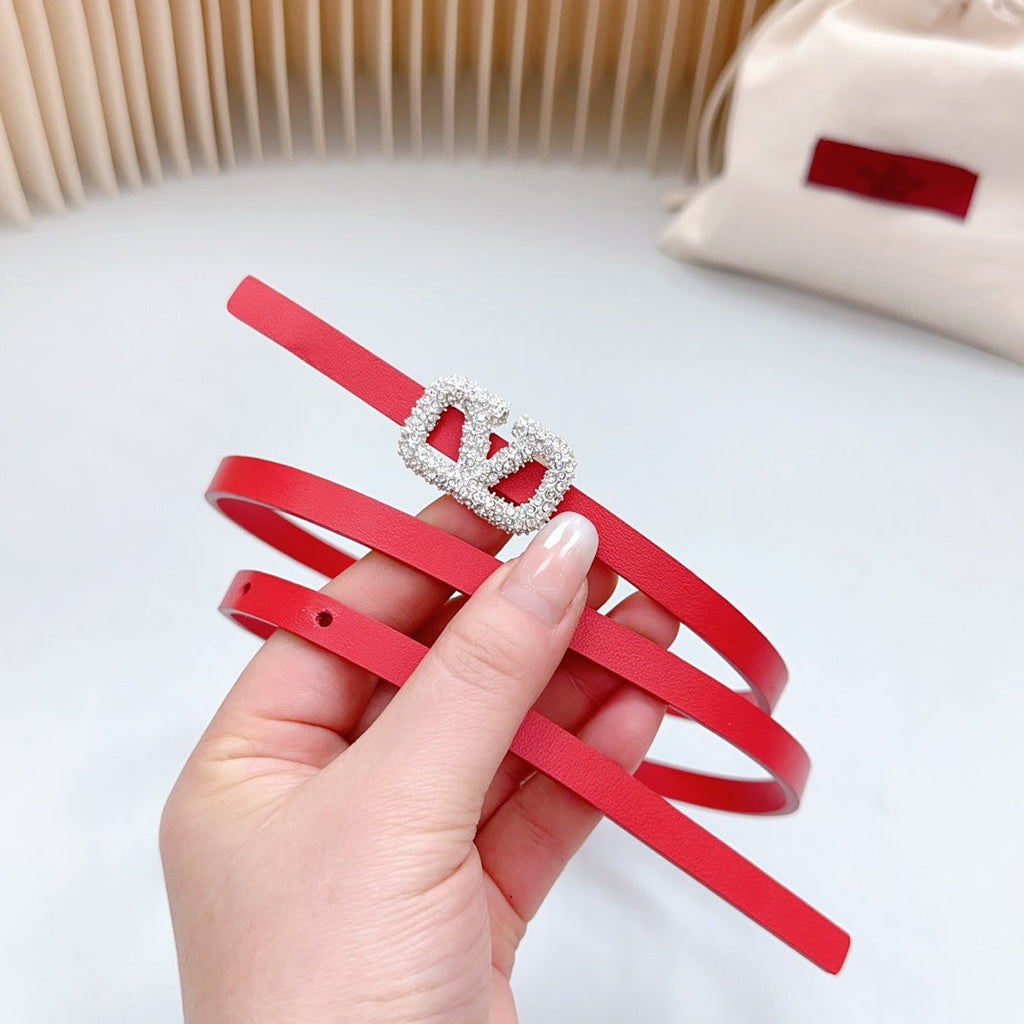 VALENTINO VL Belt 8mm Buckle Silver Diamond Leather Red
