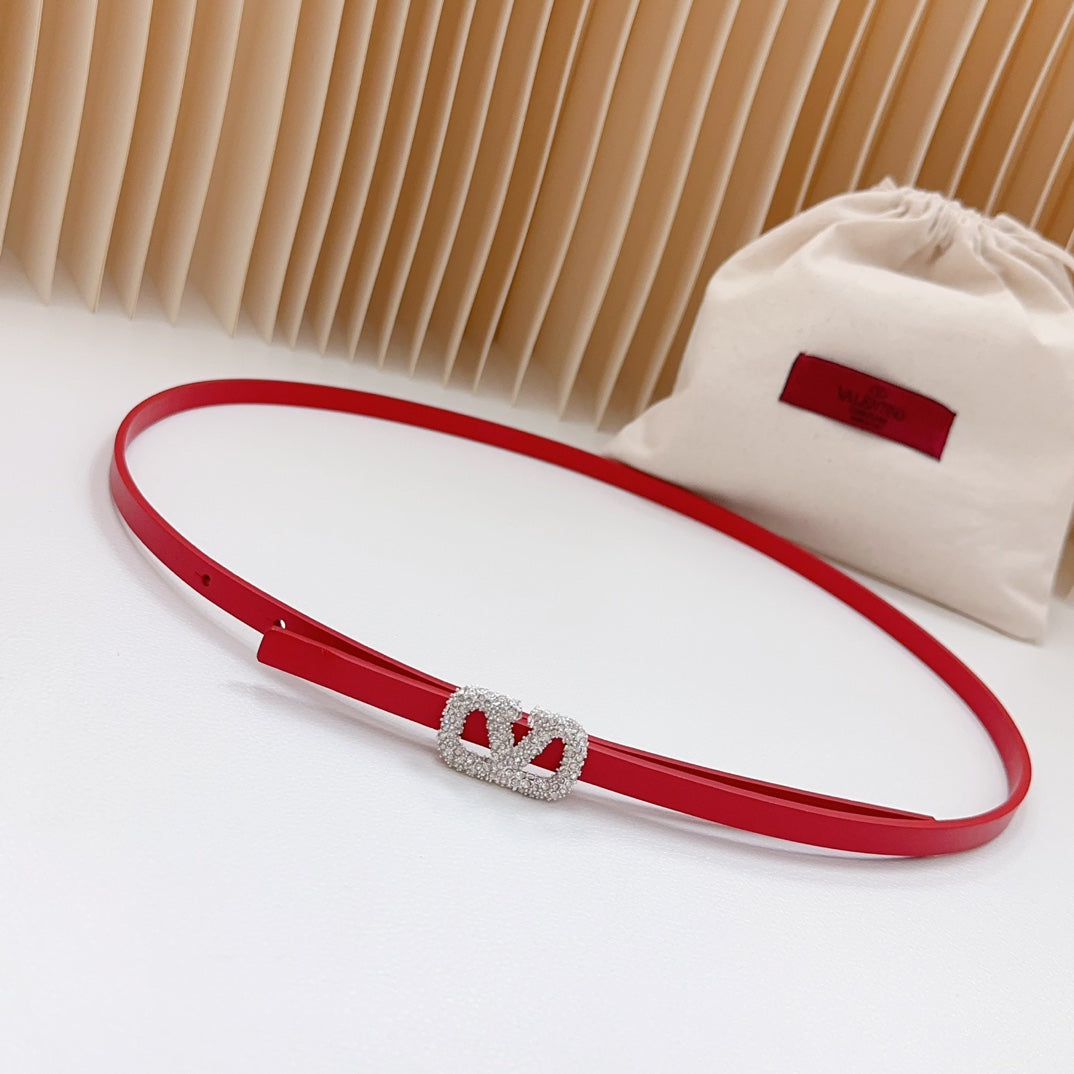 VALENTINO VL Belt 8mm Buckle Silver Diamond Leather Red