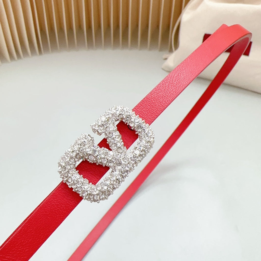VALENTINO VL Belt 8mm Buckle Silver Diamond Leather Red