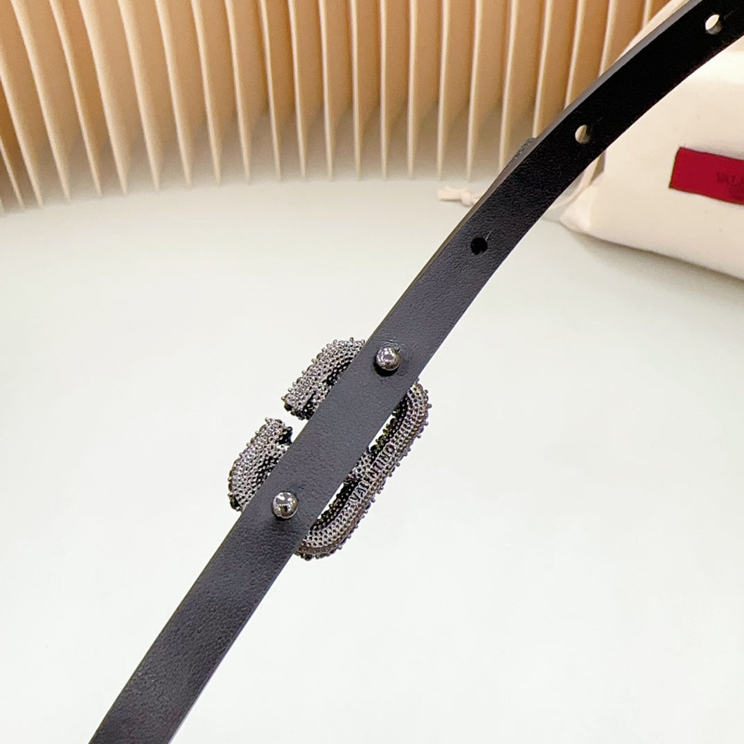 VALENTINO VL Belt 8mm Buckle Black Diamond Leather Black
