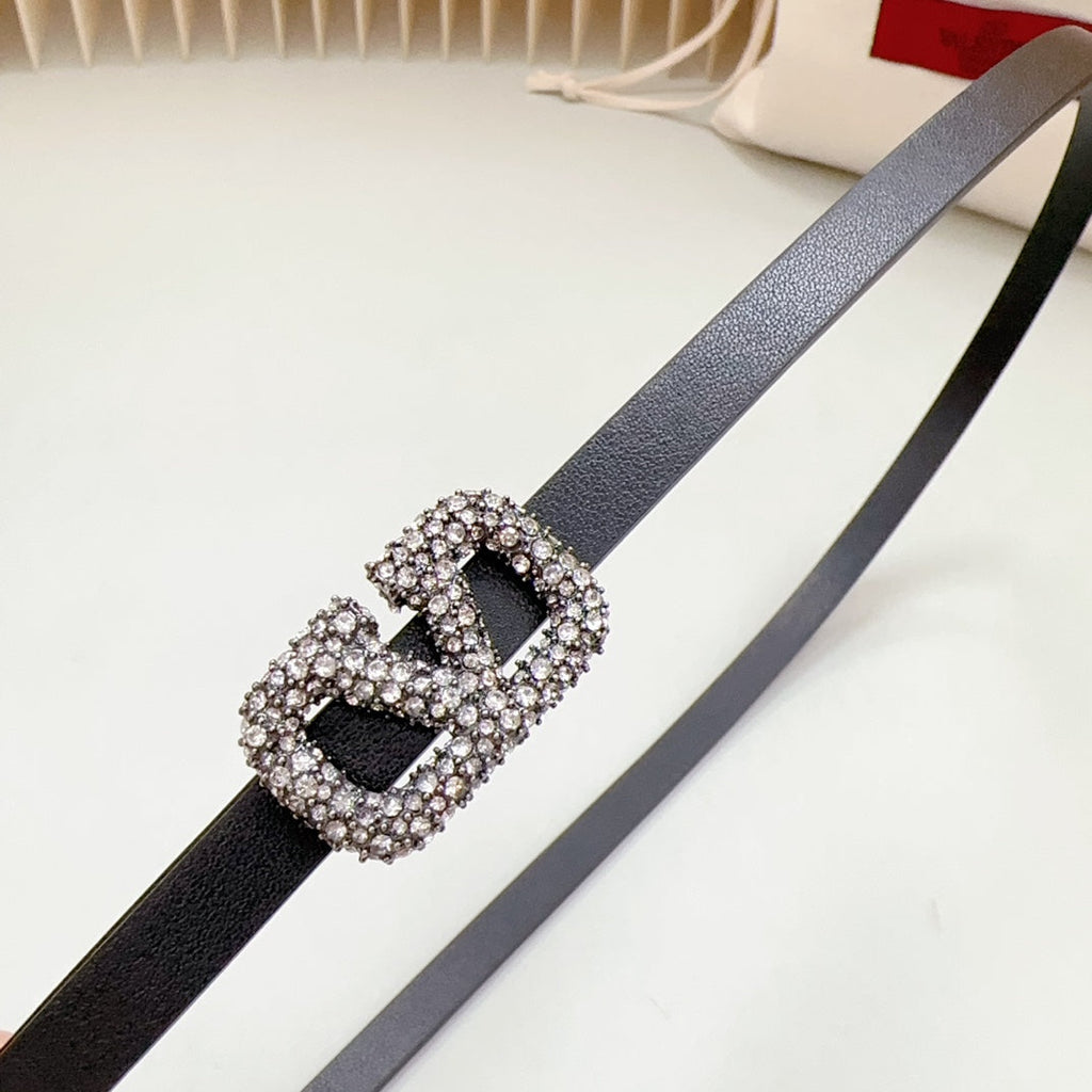 VALENTINO VL Belt 8mm Buckle Silver Diamond Leather Black