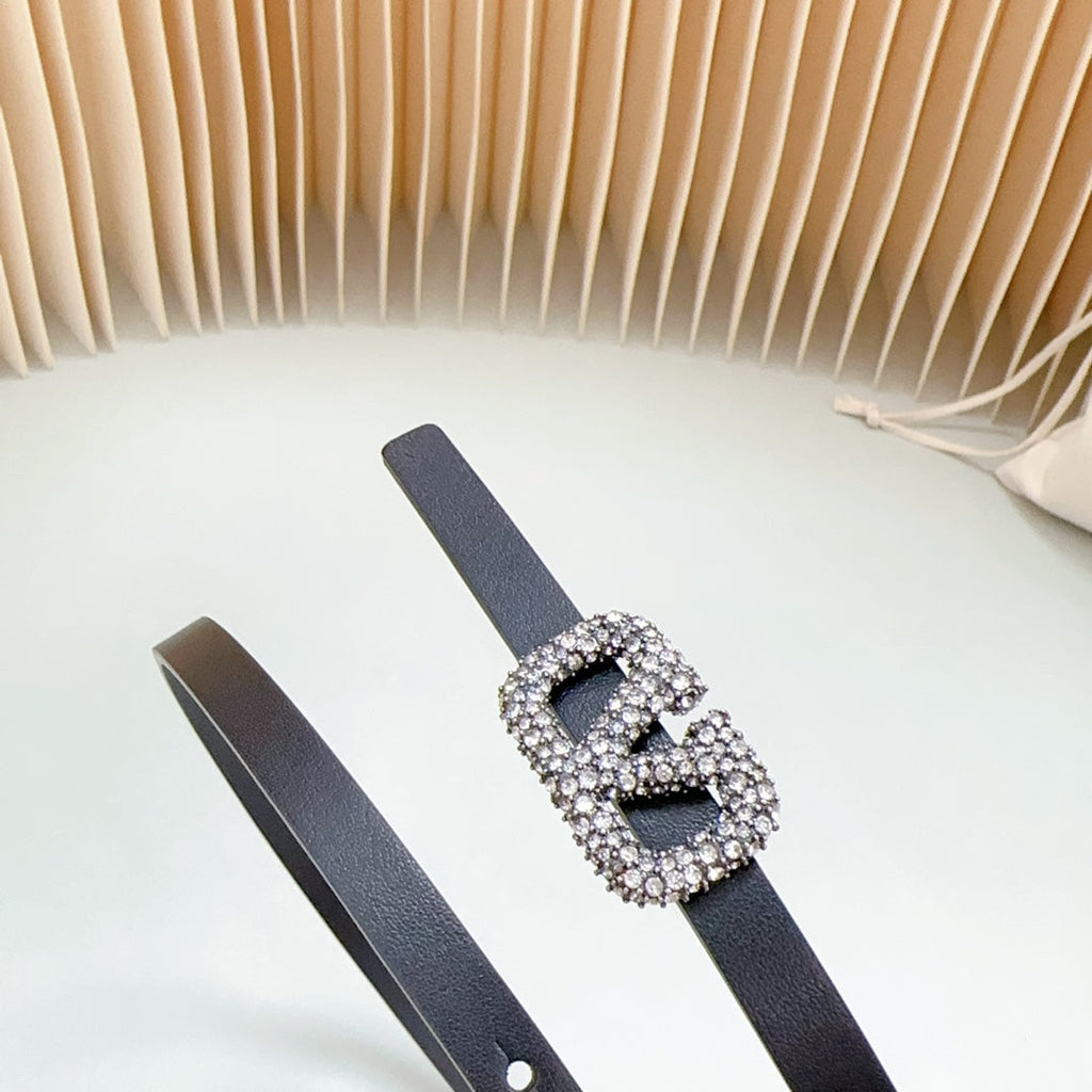 VALENTINO VL Belt 8mm Buckle Silver Diamond Leather Black