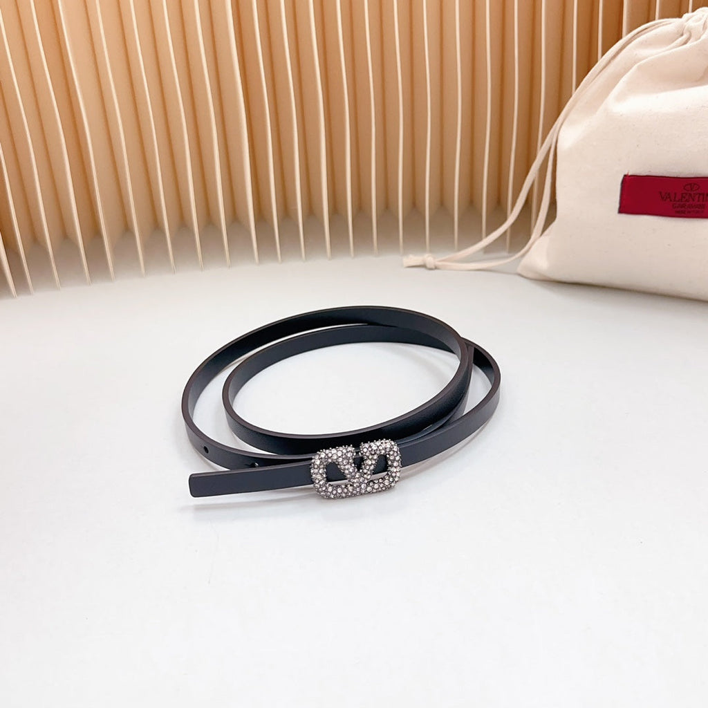 VALENTINO VL Belt 8mm Buckle Silver Diamond Leather Black
