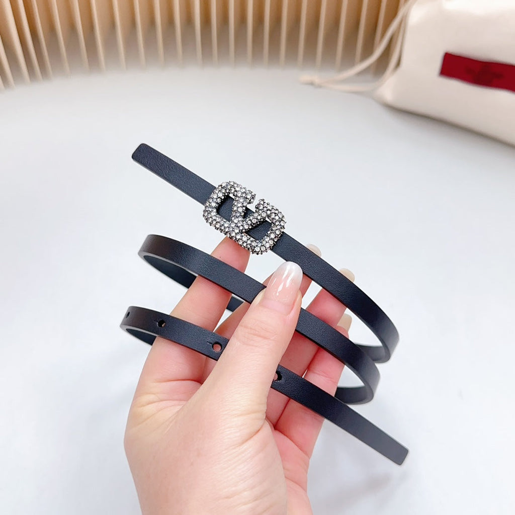 VALENTINO VL Belt 8mm Buckle Silver Diamond Leather Black