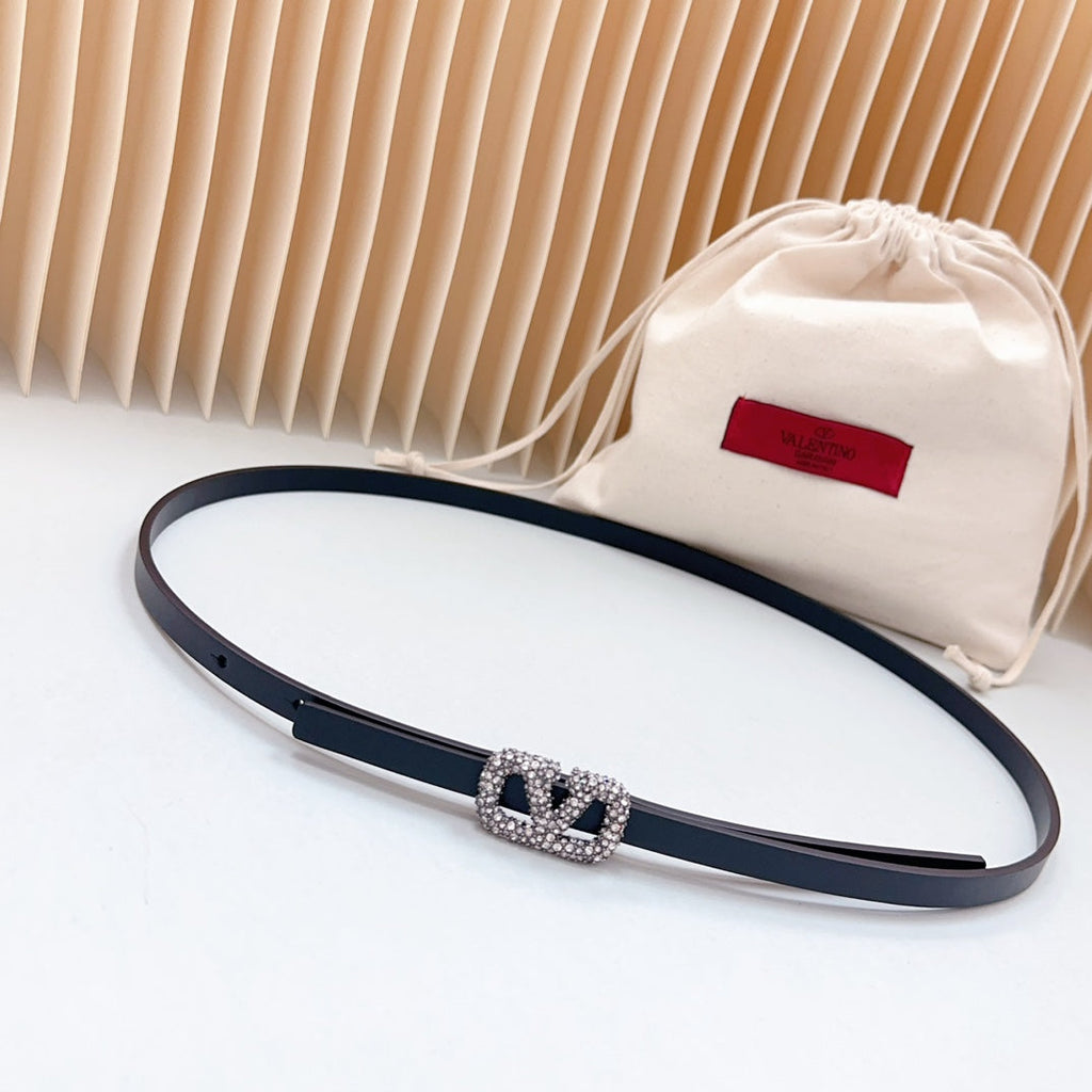 VALENTINO VL Belt 8mm Buckle Silver Diamond Leather Black