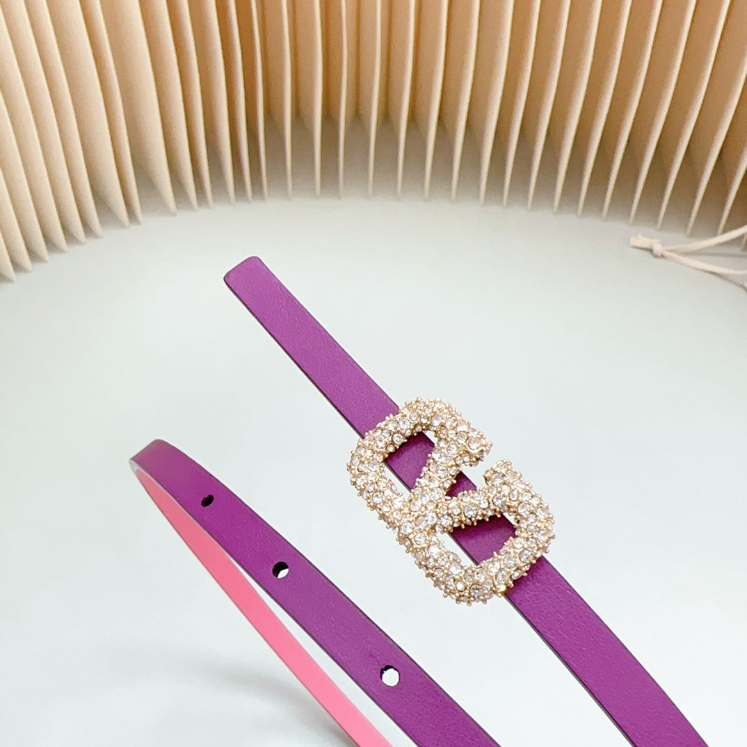 VALENTINO VL Belt 8mm Buckle Gold Diamond Leather Pink Purple