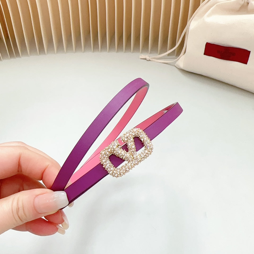 VALENTINO VL Belt 8mm Buckle Gold Diamond Leather Pink Purple