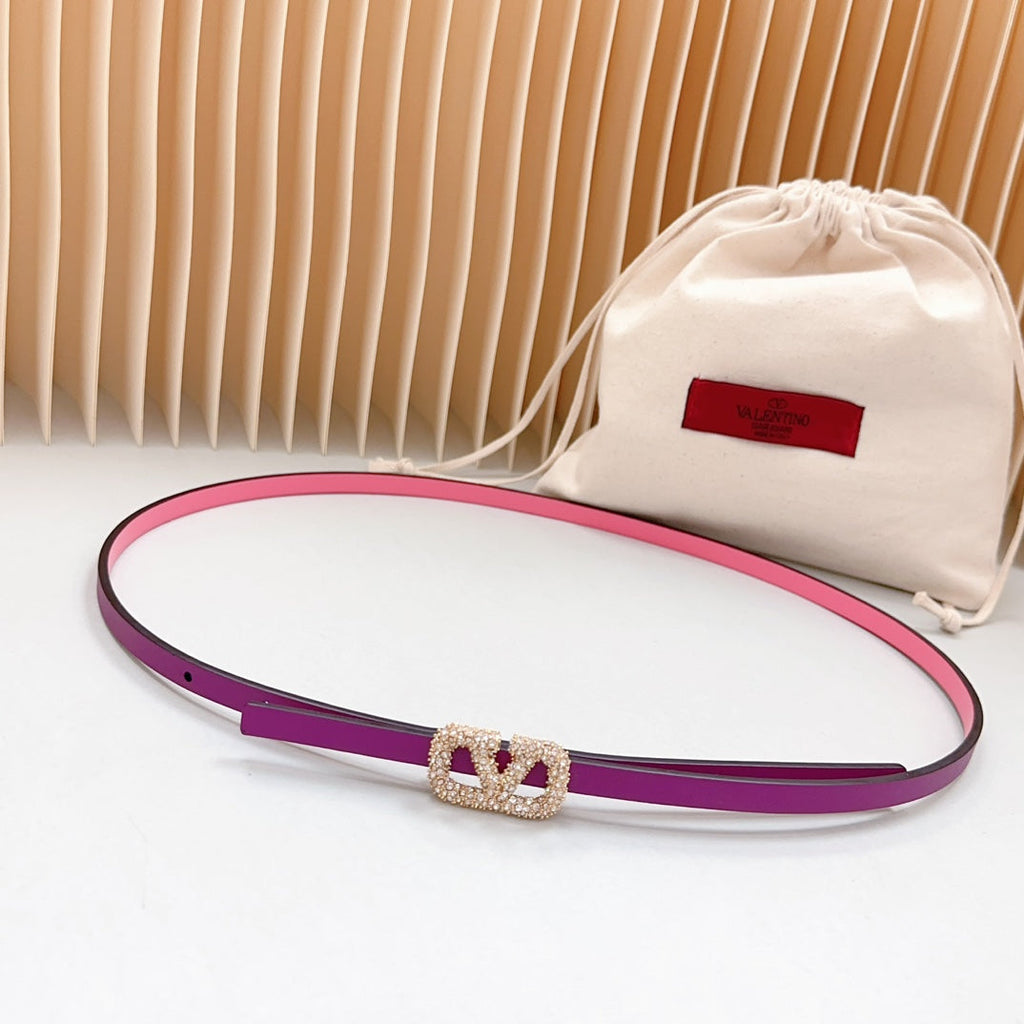 VALENTINO VL Belt 8mm Buckle Gold Diamond Leather Pink Purple