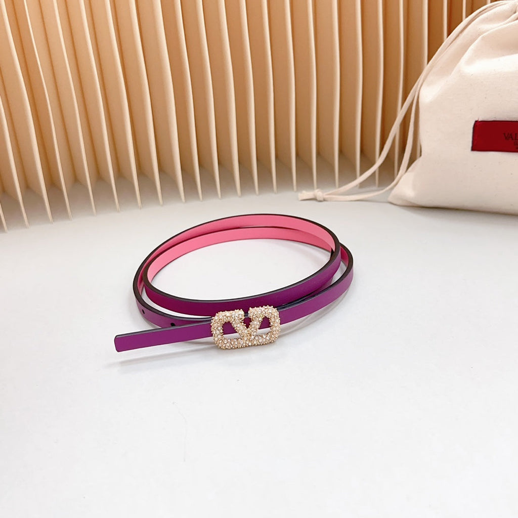 VALENTINO VL Belt 8mm Buckle Gold Diamond Leather Pink Purple