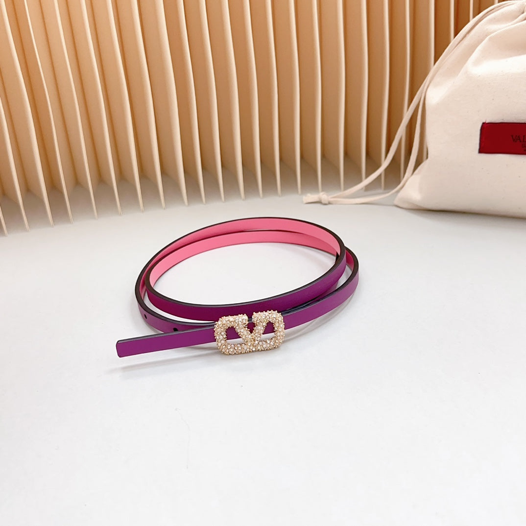VALENTINO VL Belt 8mm Buckle Gold Diamond Leather Pink Purple