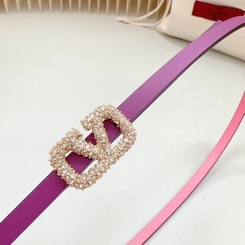 VALENTINO VL Belt 8mm Buckle Gold Diamond Leather Pink Purple