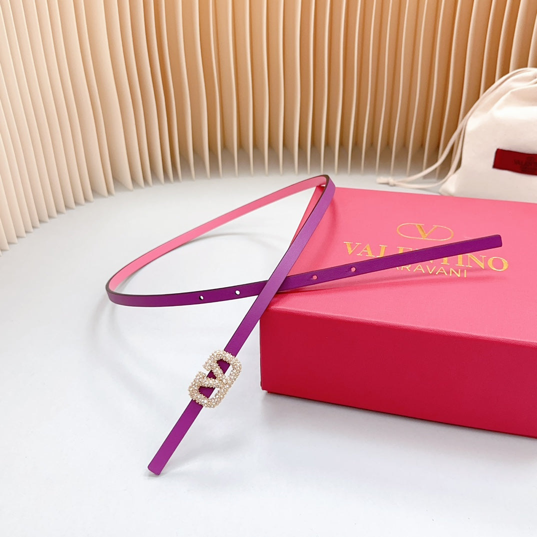 VALENTINO VL Belt 8mm Buckle Gold Diamond Leather Pink Purple