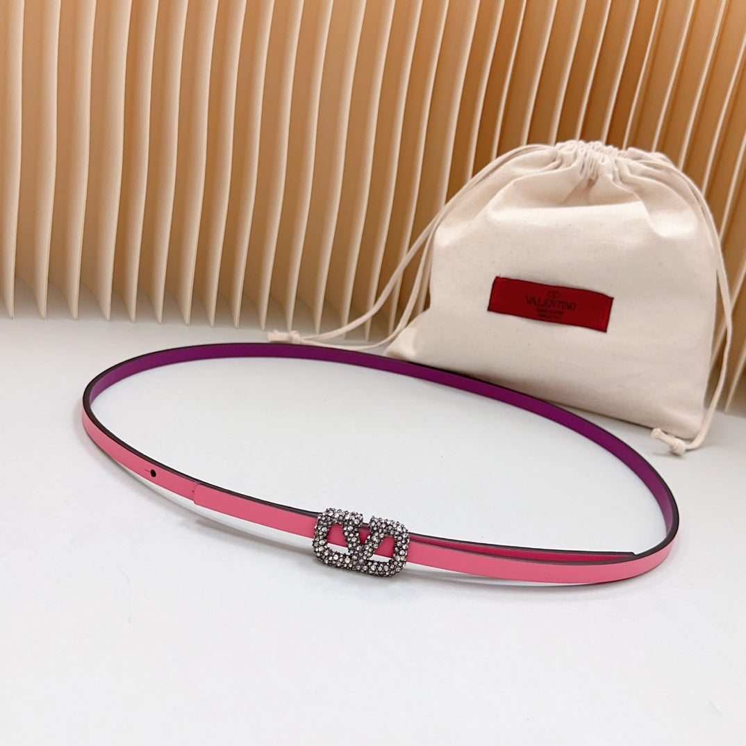 VALENTINO VL Belt 8mm Buckle Silver Diamond Leather Pink Purple