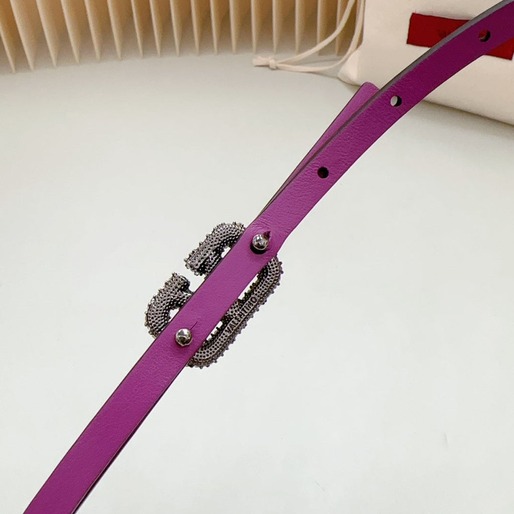 VALENTINO VL Belt 8mm Buckle Silver Diamond Leather Pink Purple