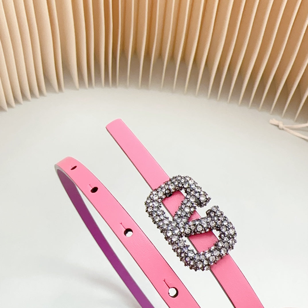 VALENTINO VL Belt 8mm Buckle Silver Diamond Leather Pink Purple