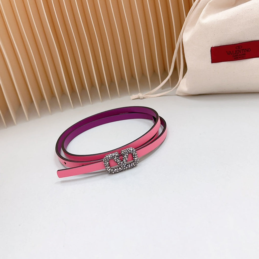 VALENTINO VL Belt 8mm Buckle Silver Diamond Leather Pink Purple
