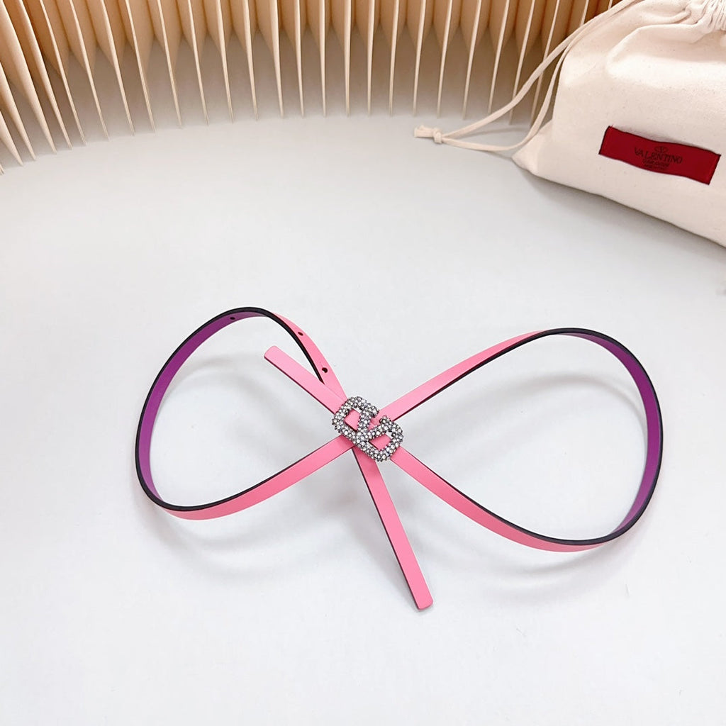 VALENTINO VL Belt 8mm Buckle Silver Diamond Leather Pink Purple