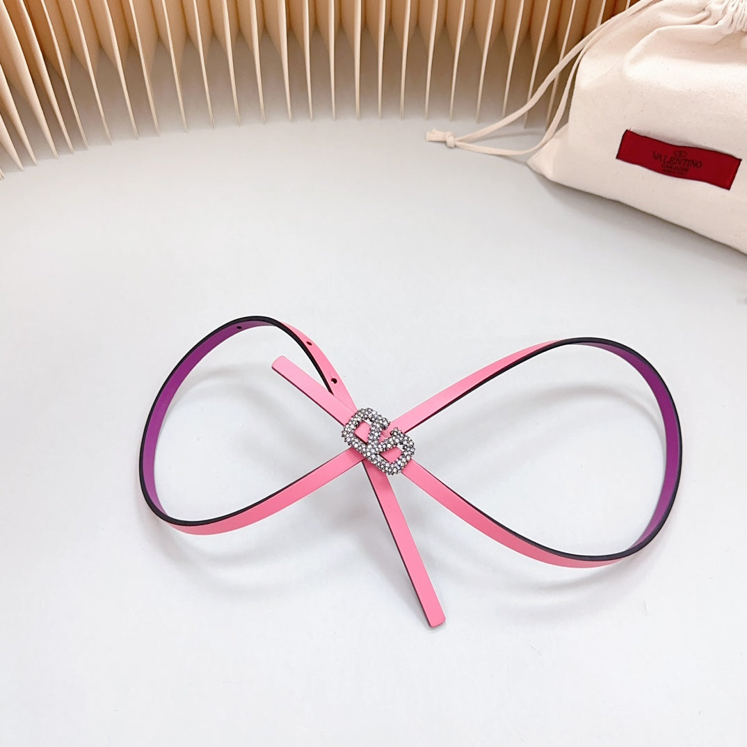 VALENTINO VL Belt 8mm Buckle Silver Diamond Leather Pink Purple