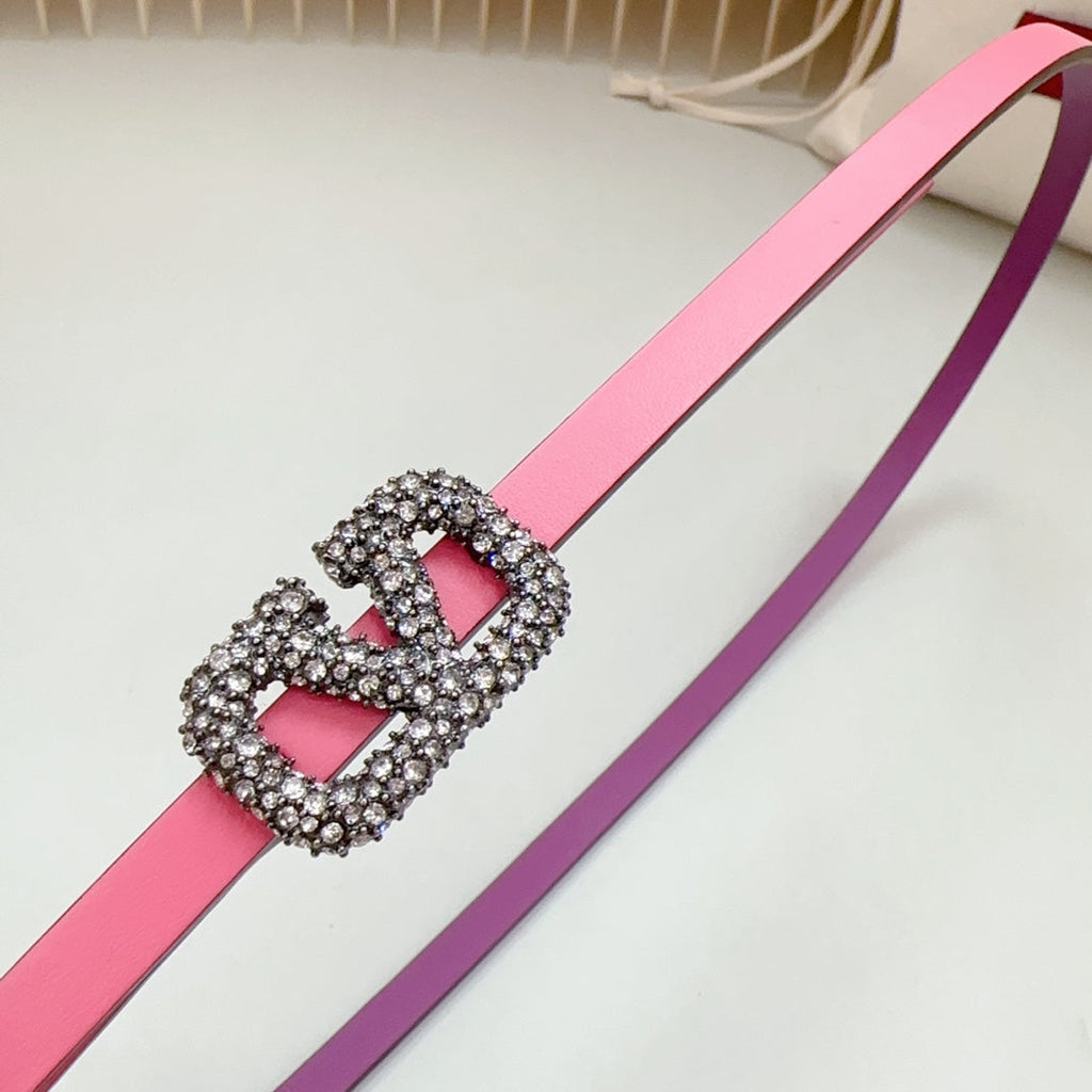 VALENTINO VL Belt 8mm Buckle Silver Diamond Leather Pink Purple