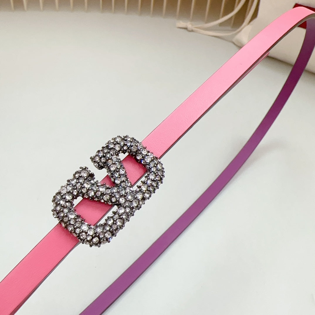 VALENTINO VL Belt 8mm Buckle Silver Diamond Leather Pink Purple