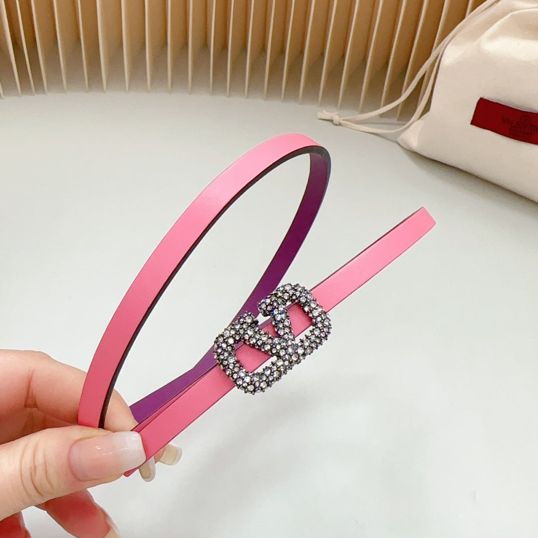 VALENTINO VL Belt 8mm Buckle Silver Diamond Leather Pink Purple