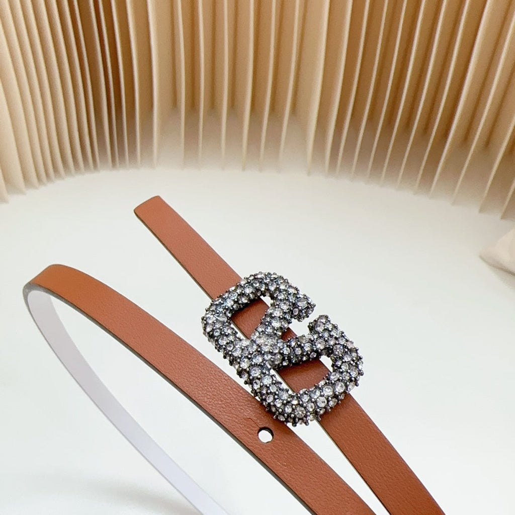 VALENTINO VL Belt 8mm Buckle Silver Diamond Leather Tan White