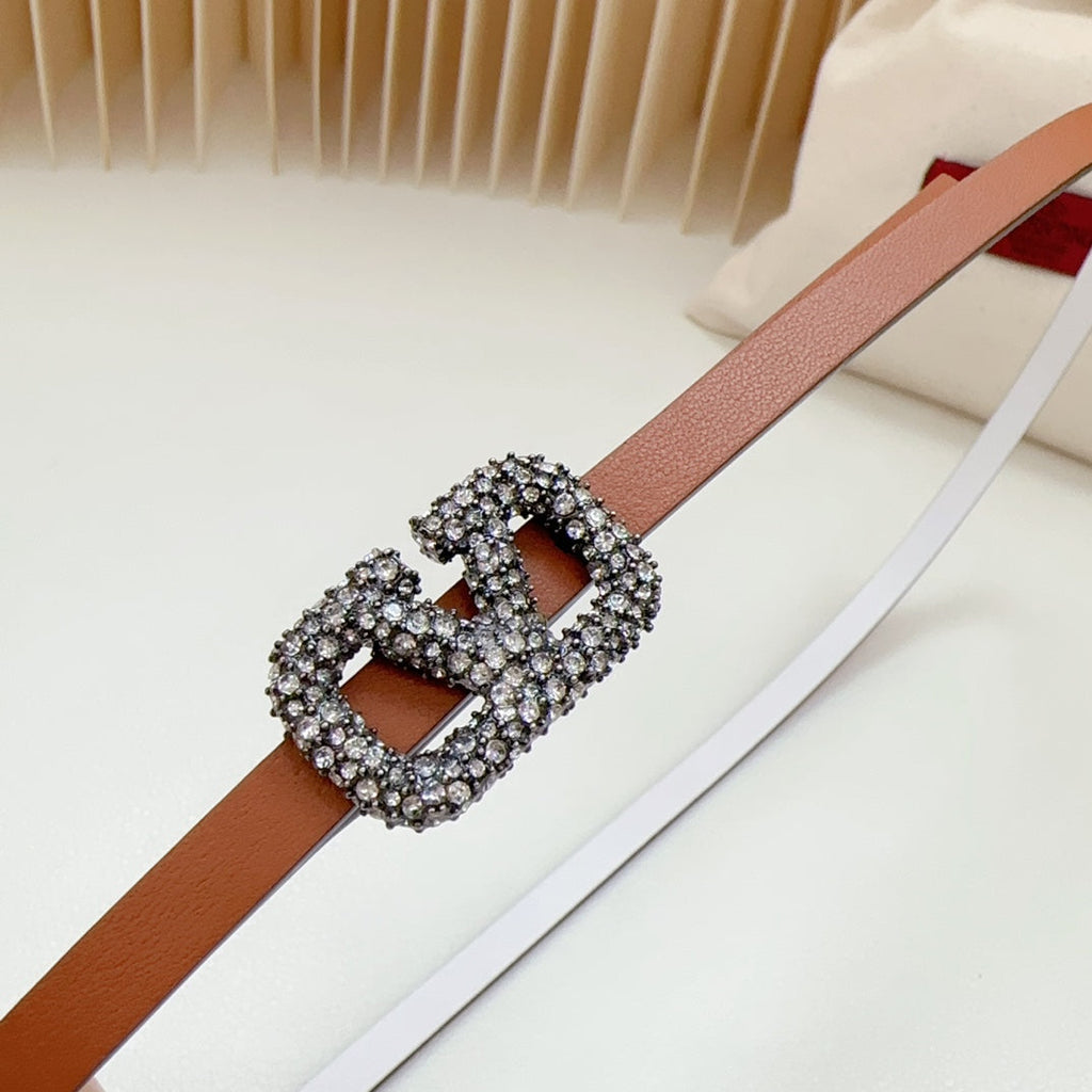 VALENTINO VL Belt 8mm Buckle Silver Diamond Leather Tan White